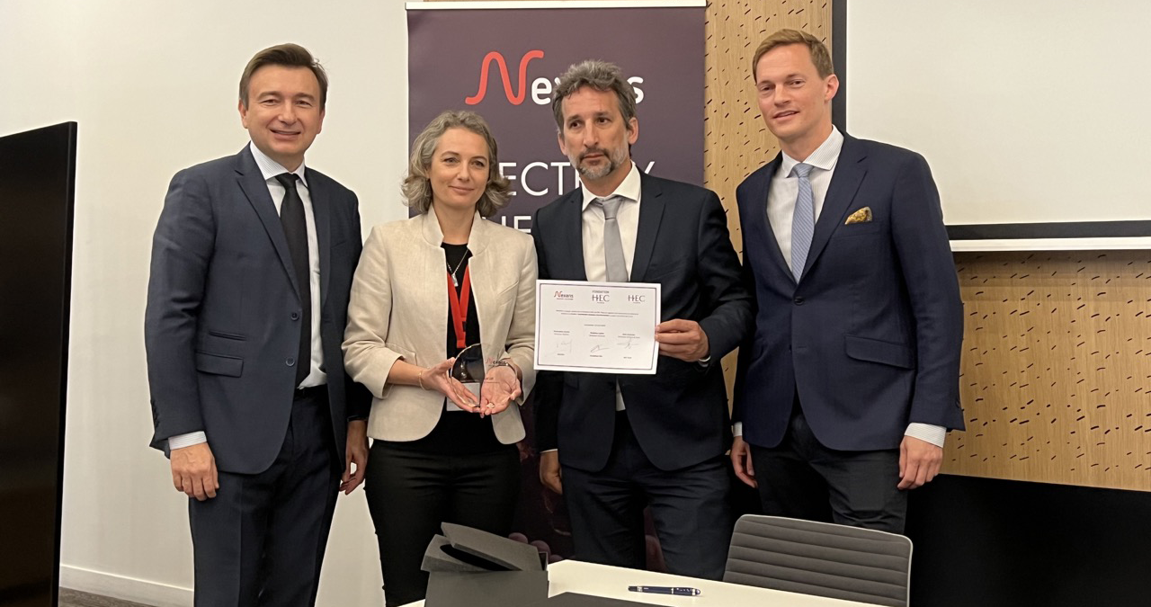 Signature of the Nexans Chair with, from the left to the right: Christopher Guérin, Delphine Colson, Eloïc Peyrache and Sebastian Becker