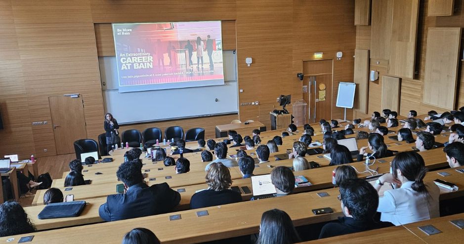 Nayla Ibrahim, Senior Executive Director Corporate and public partnerships at HEC Paris presents the long and trusted relationship between Bain & Company and HEC Paris since 1995. A partnership rooted in shared values of excellence, collaboration, and a deep commitment to nurturing the next generation of leaders. Bain & Company recruitment event at HEC Paris on October 2024.