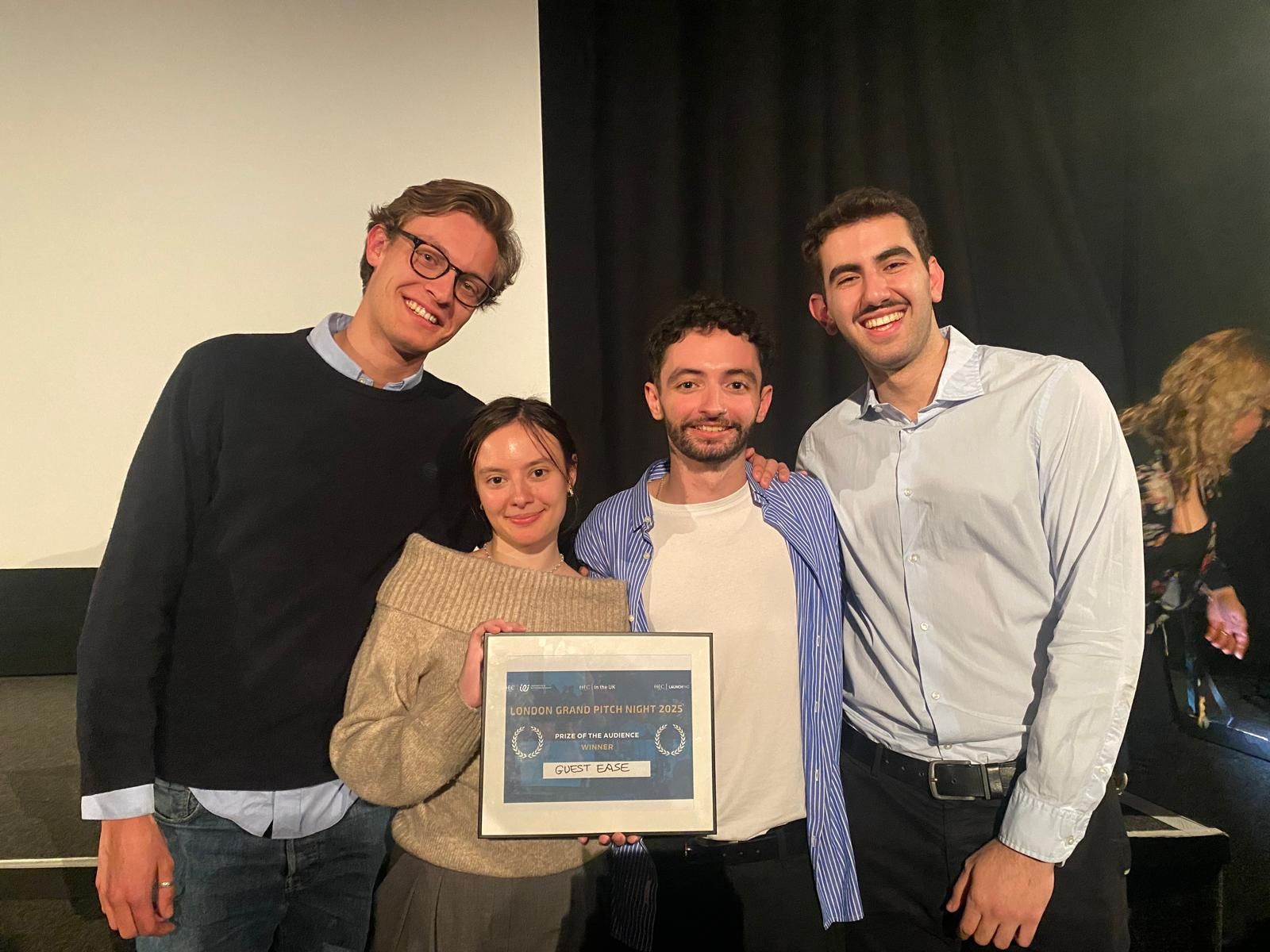 Catalina Negoita, Nicola Massari, Nicolas Schroeder, and Tarek Massoud, winners of the Audience Prize for their startup project GuestEase