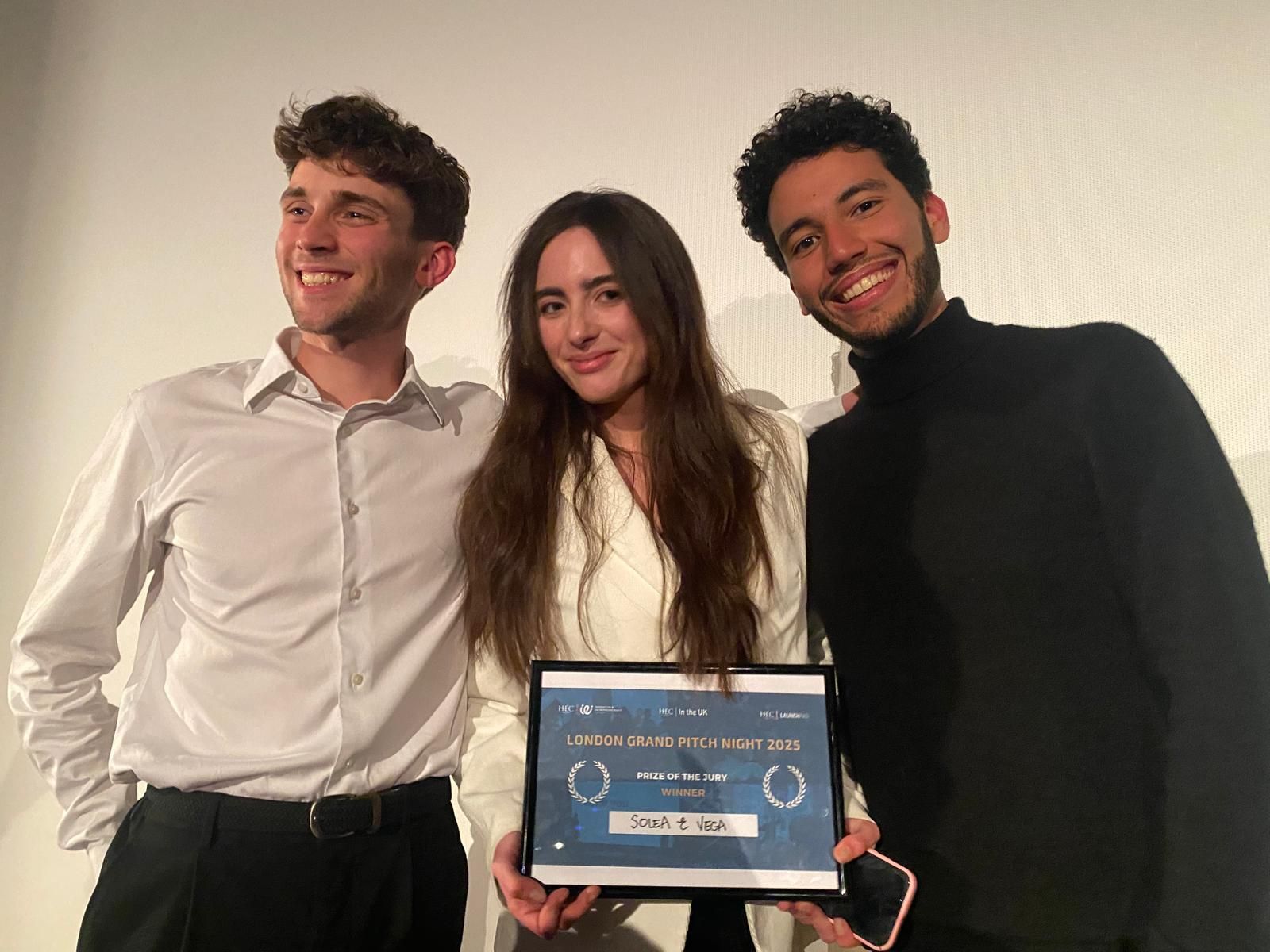 Youssef El Arjoun, Hugues Moreau, and Celine Cailliau, winners of the Jury Prize for their startup project Solea