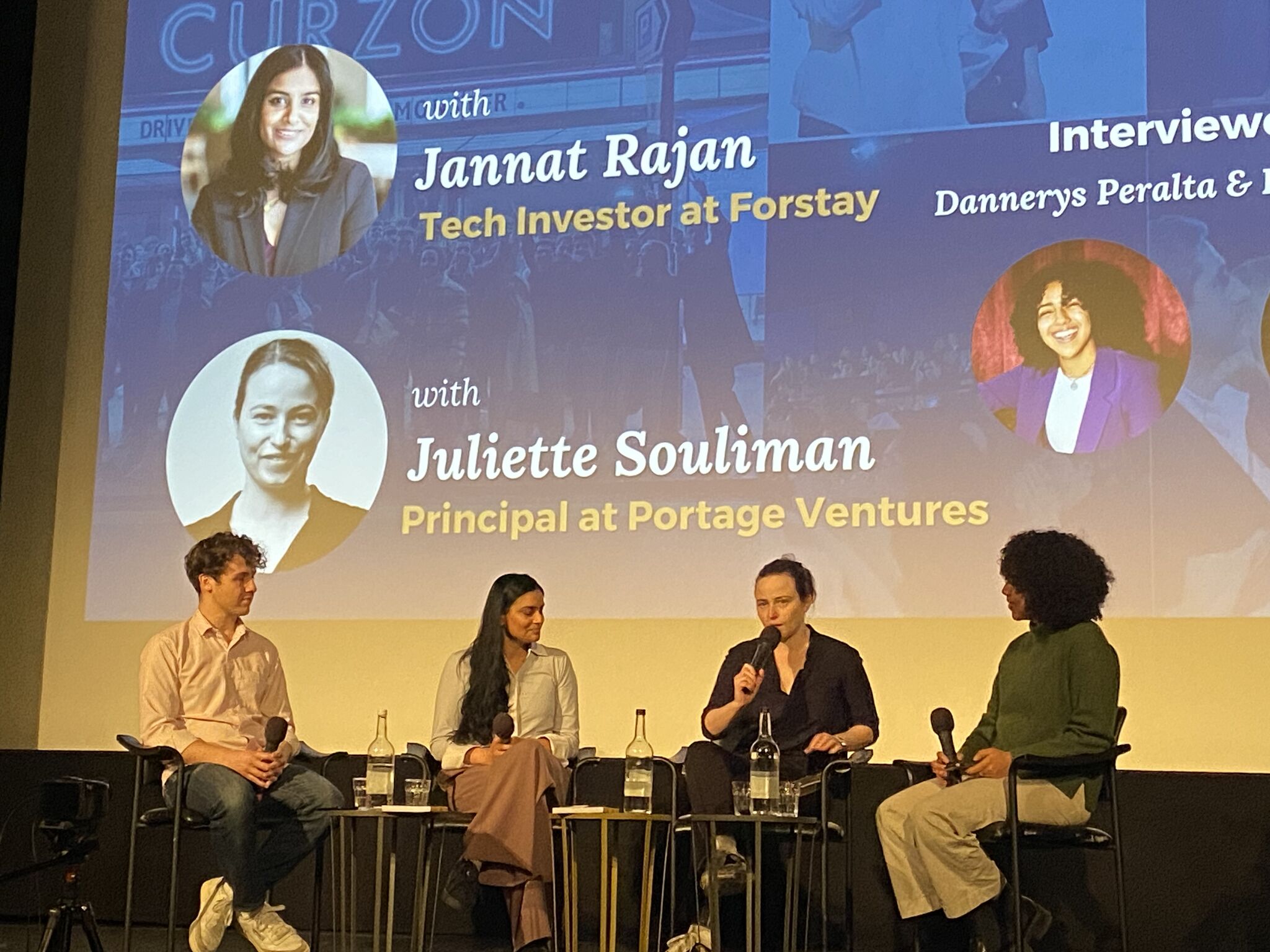 Students Dannerys Peralta and Fynn Fröhlich taking the stage for a conversation with Juliette Souliman and Jannat Rajan.
