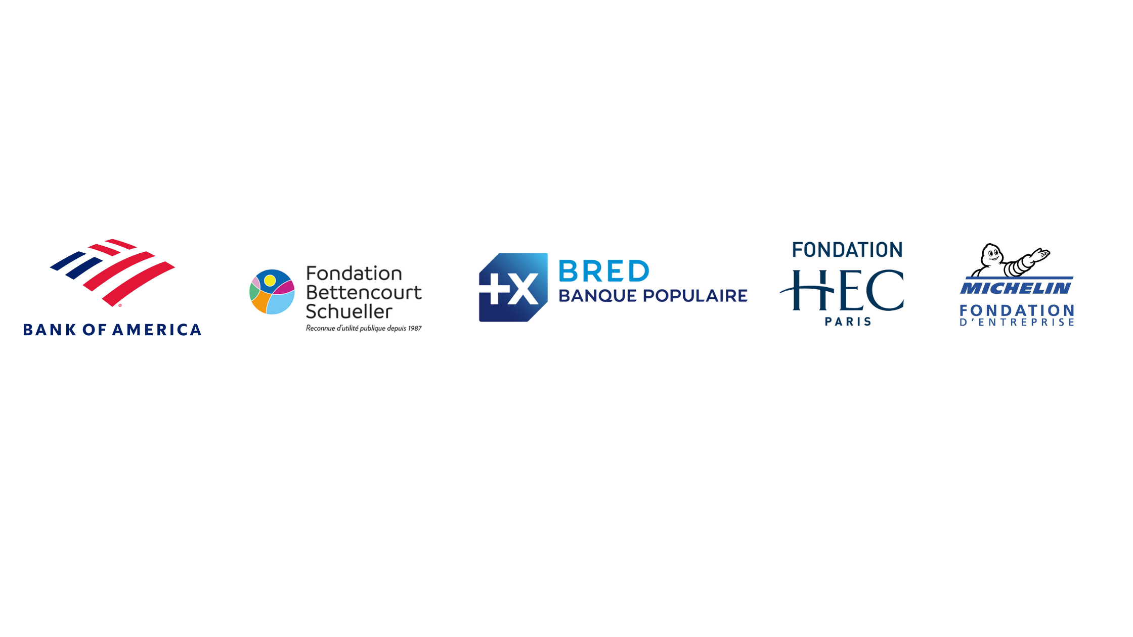 Logos des partenaires de HEC Stand UP : Bank of America, la Fondation Bettencourt-Schueller, la BRED, la Fondation HEC, la Fondation Michelin