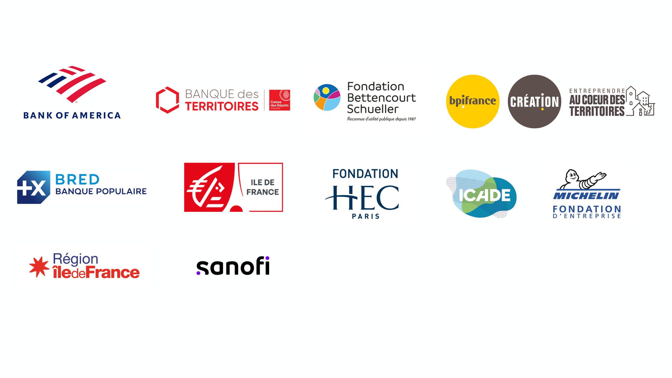 Our partners logos : Bank of america, banque des territoires, fondation betttencourt, bpifrance, la bred, caisse d'épargne ile-de-france, fondation hec, icade, fondation michelin, region ile-de-france, sanofi