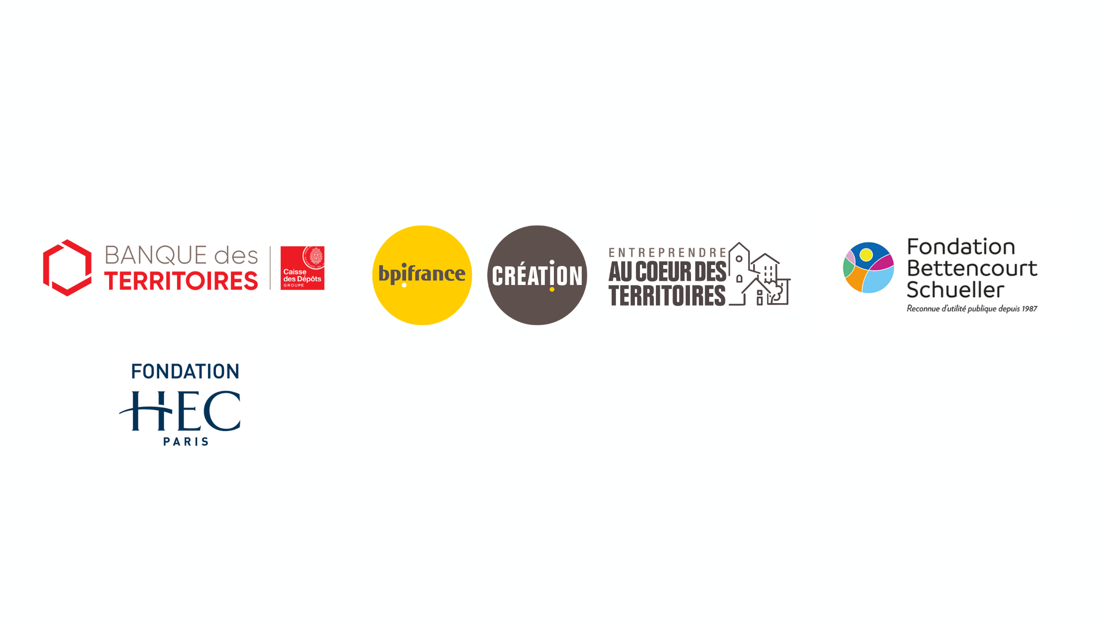 Logos des partenaires de HEC UP : la Fondation Bettencourt-Schueller, Bpifrance Entreprendre au coeur des territoires - la Fondation HEC