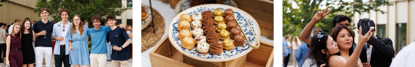 Students taking pictures and posing for the camera, picture of desserts, outside event