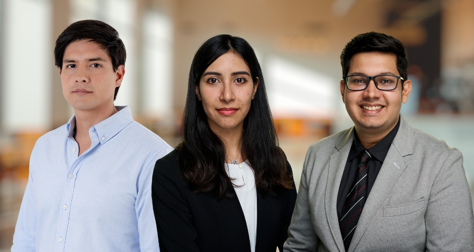 MBA students Javier Pomiano, Mariko Nakata and Priyam Agarwal