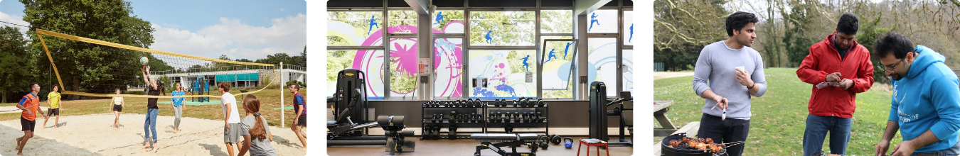 Three pictures L-R: students playing sand volleyball outside, the weightlift gym and students having a barbecue