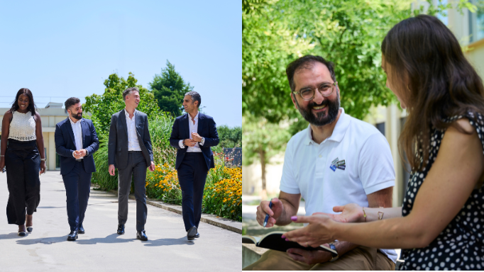 EMBA students walking on campus in front of the S building on the left and two people sitting on a bench outside on the right