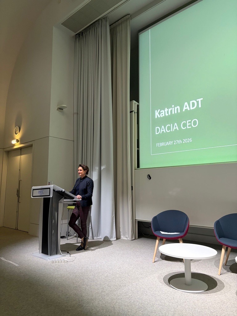Dacia CEO Karin Adt giving a speech at HEC Paris