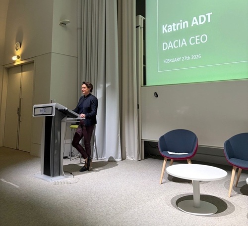 Dacia CEO Karin Adt giving a speech at HEC Paris