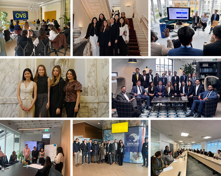 Collage of MBA students at company visits for trek week
