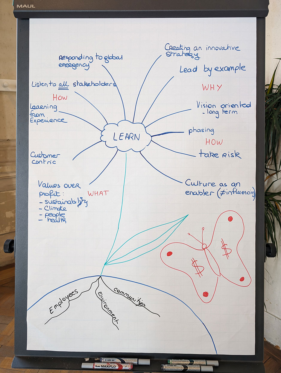 whiteboard mind map centered on "LEARN," highlighting concepts like "customer-centric," "values over profit," and "responding to global emergencies." Roots labeled "Employees," "Environment," and "Communities" emphasize foundational principles.