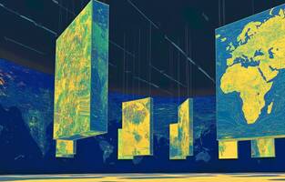 big blocks of global maps suspended and moving like in an exhibition