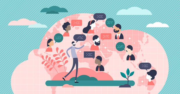 Language concept,flat tiny persons vector illustration.World wide global society population with different cultures, races language. Abstract international communication for business, travel or study.