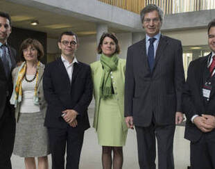 "Eloïc Peyrache (Dean of the HEC Paris Grande Ecole), Gabriella Mazzini (HEC Paris Foreign Affairs department), Rodolphe Durand (SnO Director and Professor of Strategy at HEC Paris), Marie de Carné-Trécesson (Ambassador-at-large for Biothics and CSR, Ministry of Foreign Affairs), Giandomenico Magliano (Italian Ambassador to France), Maurizio Zollo (Golden Academic Director and Professor of Strategy at Bocconi University)"