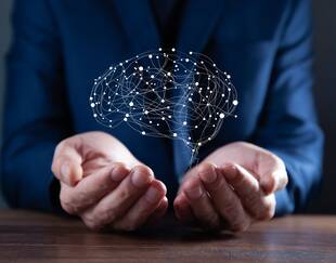 man hand brain in screen