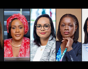 Portraits alignés de cinq femmes leaders africaines ayant suivi le programme Lead Campus.