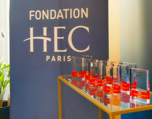 Trophies of the 2025 HEC Paris Foundation Awards displayed ahead of a ceremony in Paris honoring HEC researchers for their insights into major economic, technological, and societal challenges, with a special focus on AI-driven change