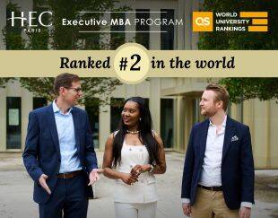 3 students on campus with the words Ranked #2 in the world