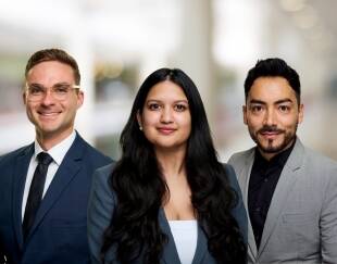 Three MBA students who did summer internships, Florian Förstl, Shanna Walia and  Roger Romero Borda