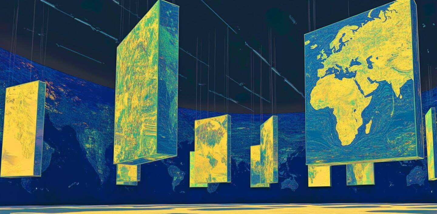 big blocks of global maps suspended and moving like in an exhibition