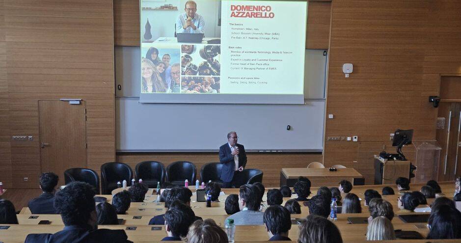 Presentation by Domenico Azzarello, Bain’s EMEA regional managing partner since 2019, based in Paris, and a member of Bain's Global Operating Committee. Domenico is responsible for shaping the strategy and leading the operations of the 23 offices, eight industrial practices, and six centers of competence across EMEA. Also a board member of the HEC Foundation, Domenico Azzarello addressed the 300 Masters, MBA, and Executive MBA students gathered for Bain & Company’s recruitment event at HEC Paris on October 