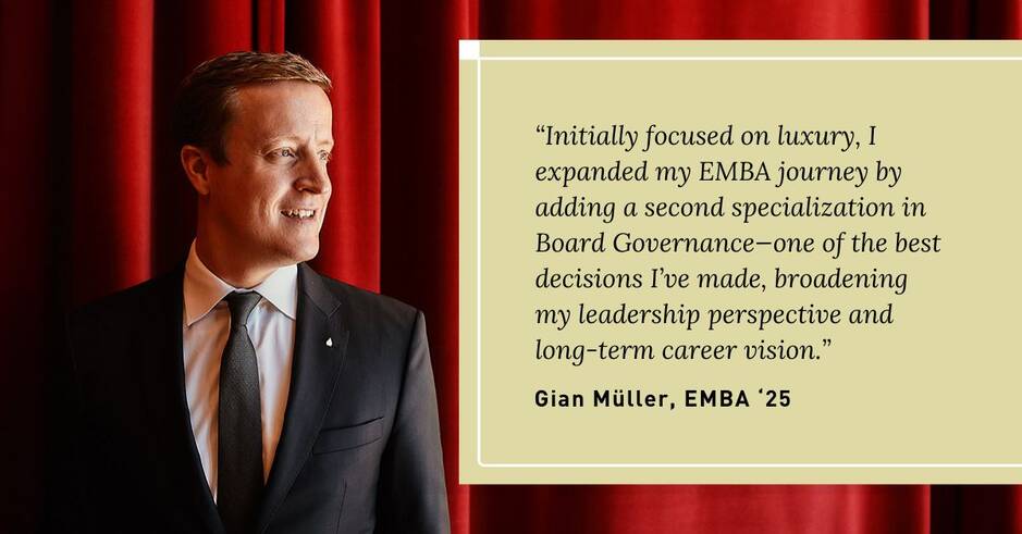 Headshot of Gian Muller EMBA25 with testimonial