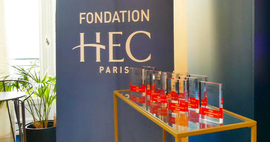 Trophies of the 2025 HEC Paris Foundation Awards displayed ahead of a ceremony in Paris honoring HEC researchers for their insights into major economic, technological, and societal challenges, with a special focus on AI-driven change