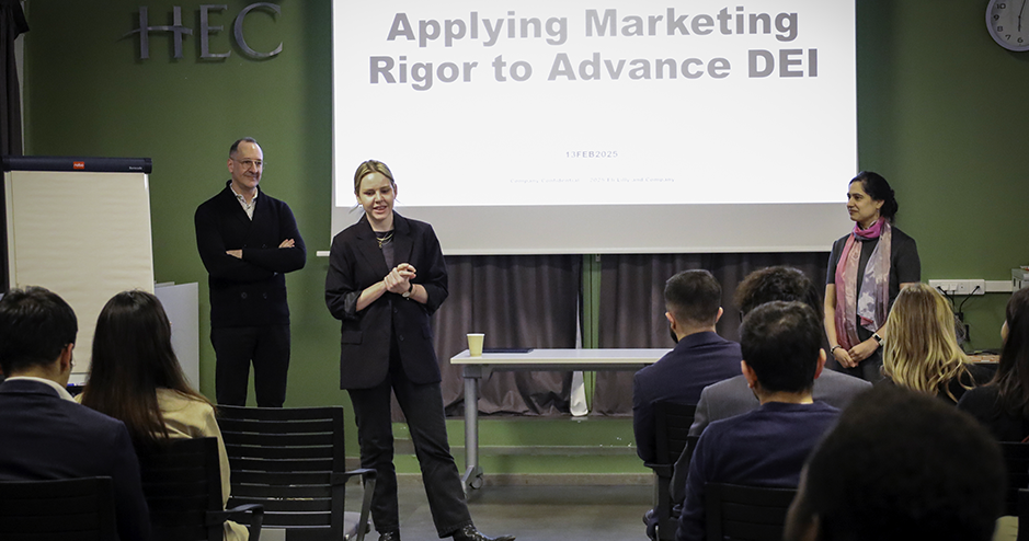 Sarah Shorhagen - HEC Paris MBA student and co-organizer of the event “Fostering DEI and Allyship at work” - introduces corporate executives from Eli Lilly Germany