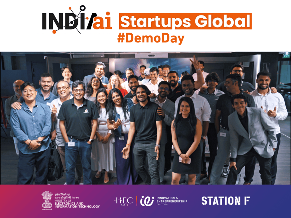 First cohort of the IndiaAI Startups Global program with Incubateur HEC Paris during their Demo Day at Station F, Paris