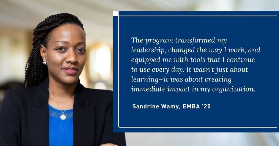 Sandrine Wamy headshot with EMBA quote
